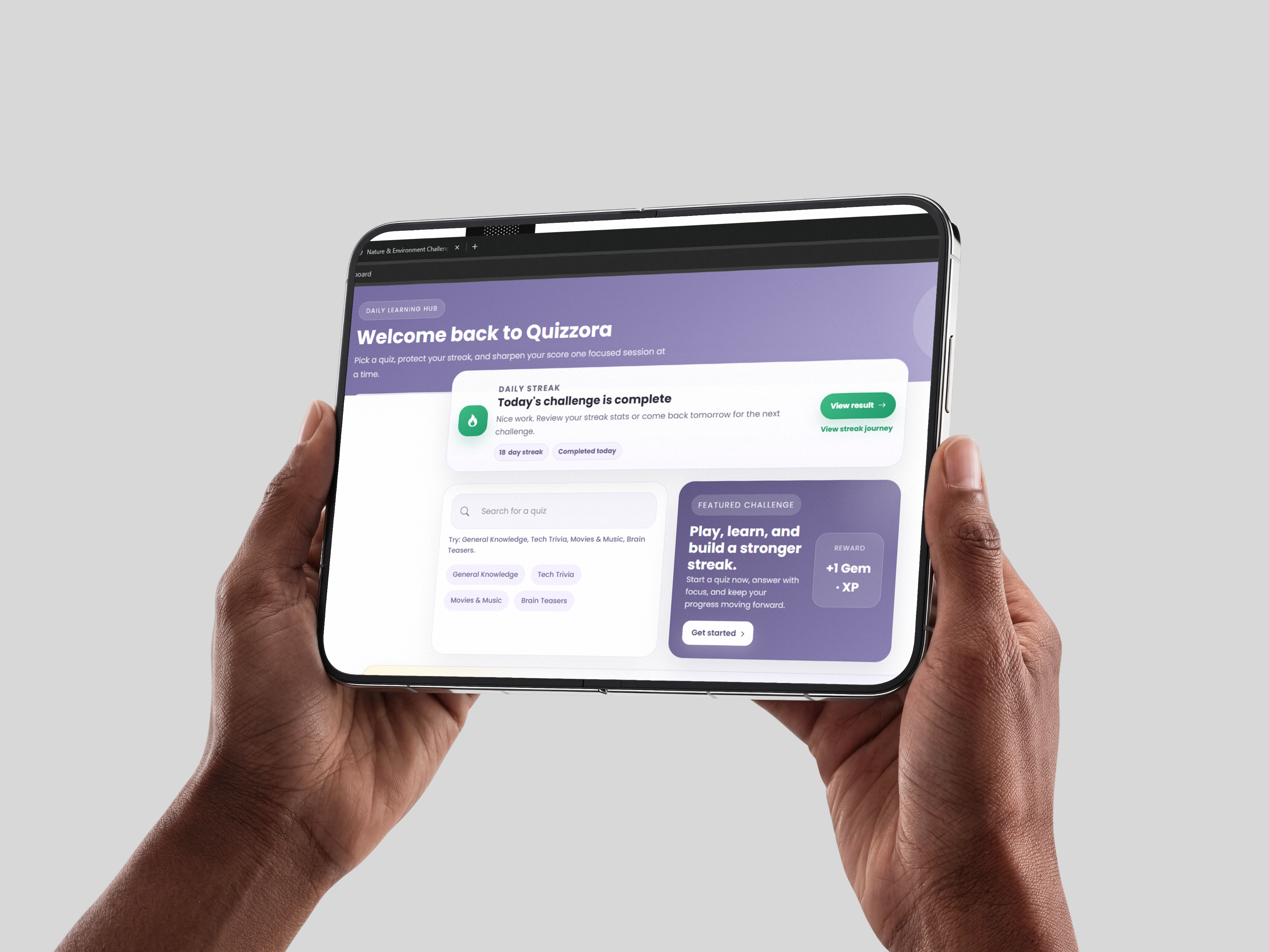 Quizzora learner dashboard with daily streak and quiz discovery